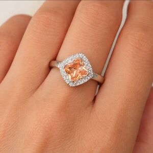 Sterling Silver Peach Morganite Cushion Halo Ring Size 8 NWT Y2K Aesthetic Boho